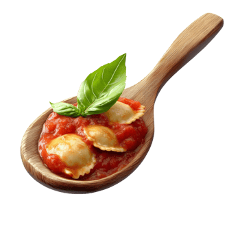 Ravioli in Tomato Sauce Served on Wooden Spoon png