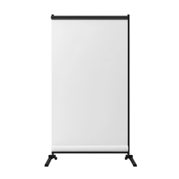 A blank white retractable banner stand on black legs png