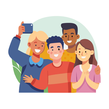 Joyful friends taking a selfie outdoor park digital illustration bright environment group view friendship concept png