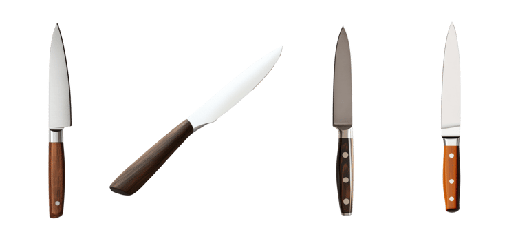 Four Stylish Kitchen Knives with Wooden Handles png