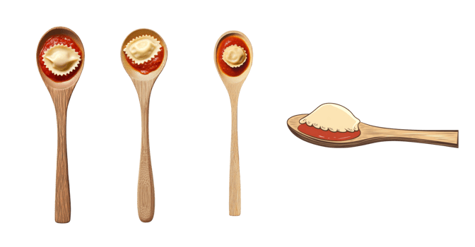 Wooden Spoons Hold Ravioli In Tomato Sauce png