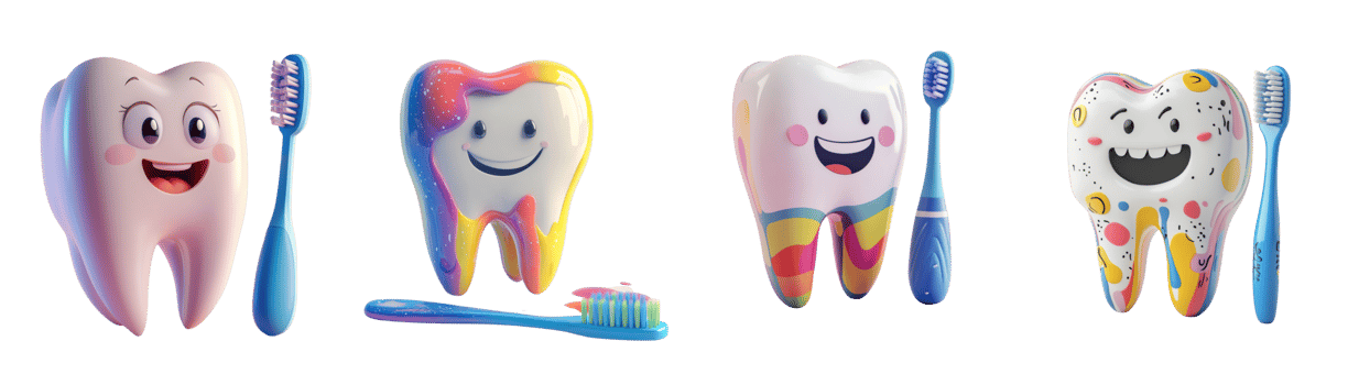 Happy Cartoon Teeth With Colorful Toothbrushes png