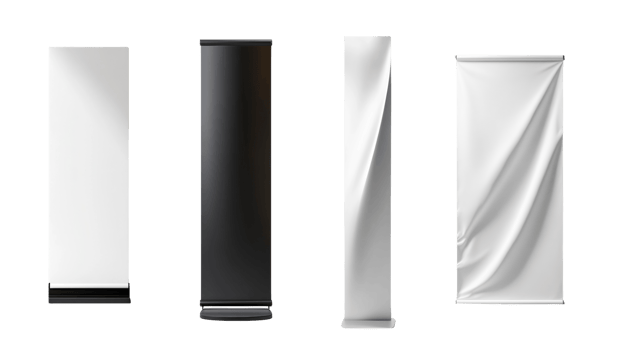 Four Blank Vertical Banner Stands Displayed png