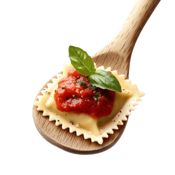 Ravioli with tomato sauce and basil on a wooden spoon png