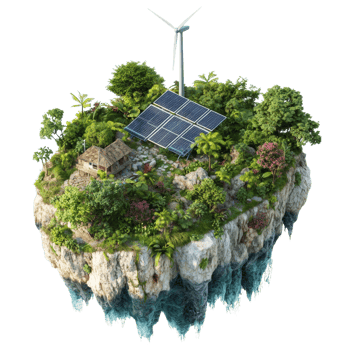 Sustainable Island Home With Solar Panels and Wind Turbine. cut out png