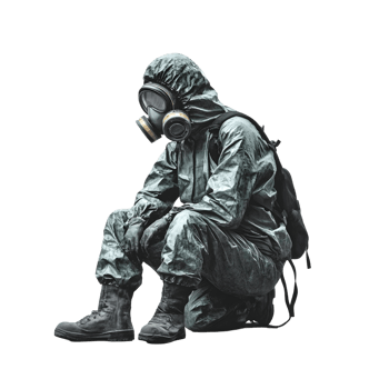 Man seated in a hazmat suit with a backpack strapped on png