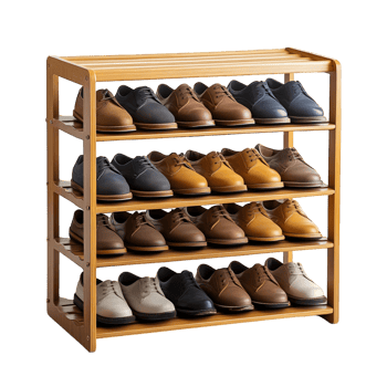 Wooden shoe rack showcasing colorful shoes across three shelves png