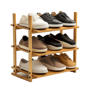 Wooden shoe rack holding multiple pairs of shoes png