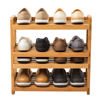 Compact wooden shoe rack with three sturdy tiers png