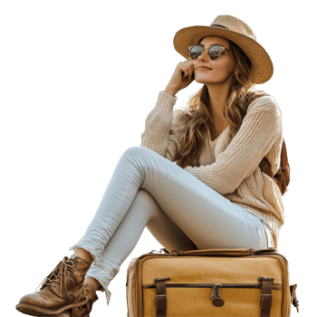 A thoughtful traveler woman relaxing on her luggage, dressed casually for her adventure in the great outdoors, file no background Traveler woman sitting and taking a break png