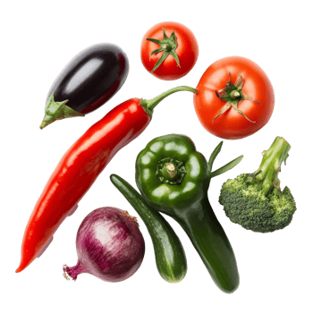 Colorful mix of fresh vegetables including tomatoes, peppers, and broccoli on a clean transparent background, Mixed vegetables isolated on transparent background png