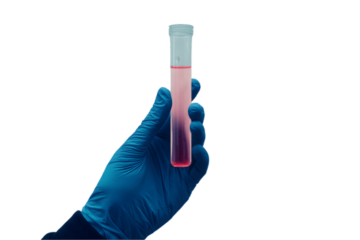 Gloved Hand Holding Test Tube with Pink Liquid Sample png