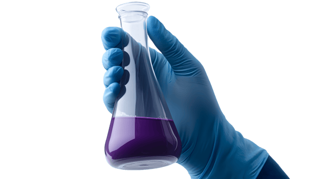 Gloved Hand Holding Flask with Purple Fluid png