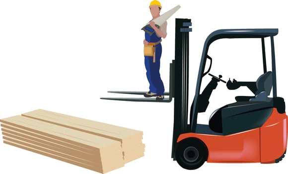 Construction worker standing on a forklift holding a saw with lumber on the ground vector
