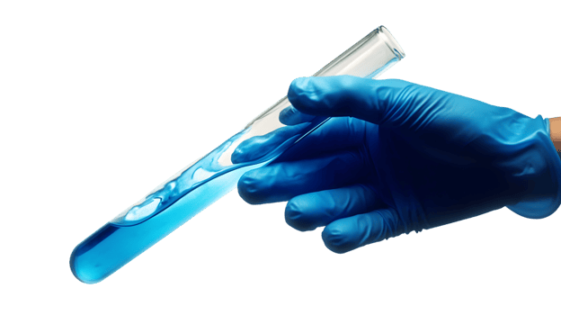 Gloved Hand Holding Test Tube Blue Liquid png