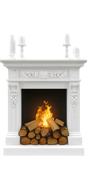 White Marble Fireplace with Burning Fire and Candles png