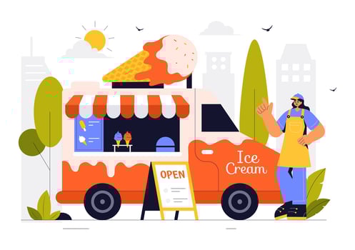 Outdoor Food Festival Design with Colorful Food Trucks and Happy People vector