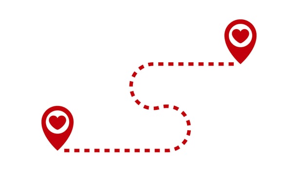 Two red markers with hearts inside, connected by a dashed line. The line curves, connecting the path between the two points. Design for Valentine's Day. 14 February. Love and warmth vector