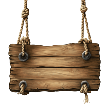 Rustic wooden signboard with hanging ropes isolated against a plain background, Rustic Wooden Signboard with Hanging Ropes isolated on transparent background png