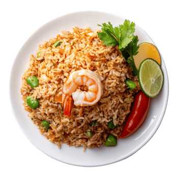 Delicious fried rice with shrimp paste and fresh lime served on a transparent plate for a Thai culinary experience, Fried rice with Shrimp paste, Thai style food on transparent background png