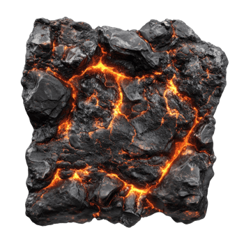 Molten rock surface displaying intricate textures and lava flows under a darkened environment, Lava Surface with Molten Rock and Texture, Isolated on transparent background png