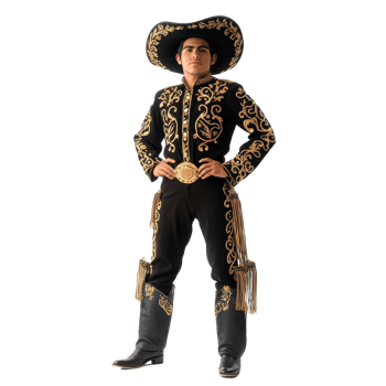 A Mexican man in a charro suit poses confidently in elegant black boots with gold accents, a mexican man wear Charro suit with black boot isolated on transparent background png