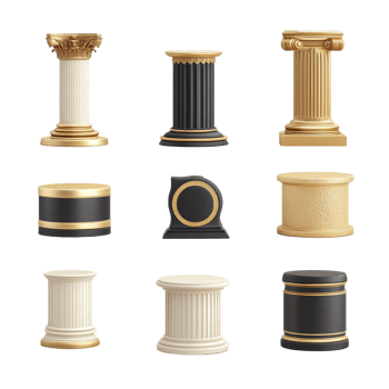 Collection of decorative podiums displayed on a transparent background showcasing various styles and designs, podium on transparent background png