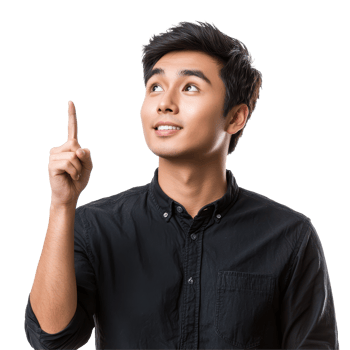 Young Asian man in a black shirt pointing up with enthusiasm in a bright setting, Attractive young smart Asian man pointing up with his finger transparent background png