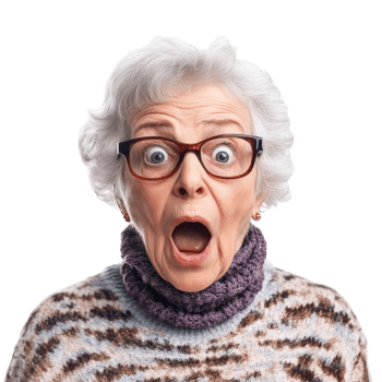 Surprised elderly woman expressing disbelief against a plain transparent background, Surprised granny on transparent background png