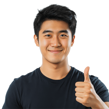 Happy young Asian man giving a thumbs up in a bright indoor setting with a cheerful expression on a sunny day, Happy handsome young Asian man showing thumb up isolated transparent background png