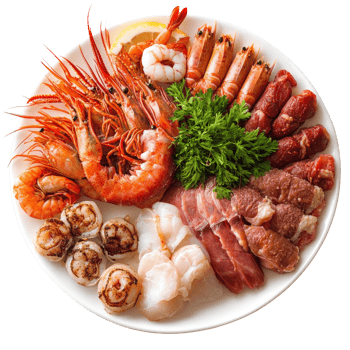 Delicious seafood and meat platter featuring shrimp, scallops, and beef on a pristine transparent background, Dish containing both seafood and meat top view isolated on transparent background png