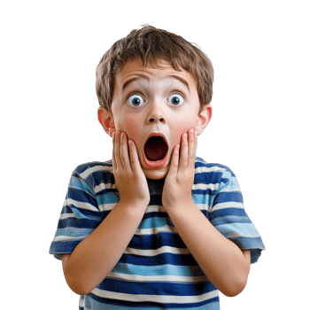 Surprised boy with wide eyes and a shocked expression reacting in a bright indoor setting, shocked kid boy surprised and scared, file of isolated object on transparent background png