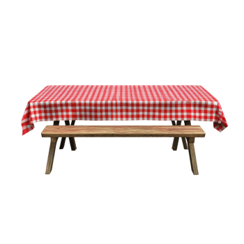 A picnic table adorned with a red checkered tablecloth, perfect for outdoor gatherings and family meals, Picnic Table with Red Checkered Tablecloth on transparent background png