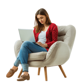 Woman using laptop in comfy armchair home relaxation technology png
