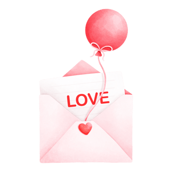 Watercolor painting of a white envelope with red interior, a red heart in the center and a piece of paper inside with the word love written on it, decorated with red balloons. png