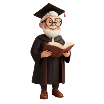 A scholarly character wearing a cap and gown, holding a book in front of a transparent background, 3D Scholar Character on transparent background png