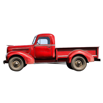 A vintage red truck parked in the sunlight, showcasing its classic design and wellworn features, red truck isolated png