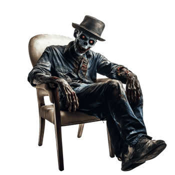 A terrifying zombie in a hat sits ominously in an old chair, exuding a chilling atmosphere, Scary zombie wearing hat and sitting in a chair on transparent background png