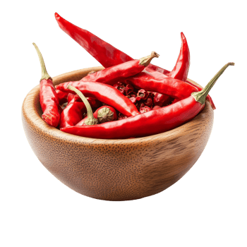 Cayenne peppers in a wooden bowl on a transparent background showcasing vibrant colors and natural textures, Cayenne pepper in wood bowl on transparent background png
