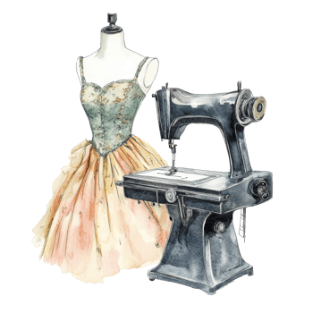 Creative watercolor illustration of a vintage sewing machine and stylish dress design on a transparent background, fashion floral sewing illustration transparent background png