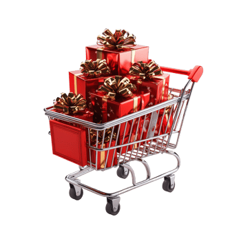 Holiday shopping cart overflowing with festive Christmas gift boxes ready for the season, Christmas gift boxes pop out from shopping cart isolated png