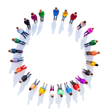 A vibrant circle of diverse individuals dressed in colorful attire standing on a transparent background, showcasing unity and community spirit, Colorful Diversity Circle of People on transparent png