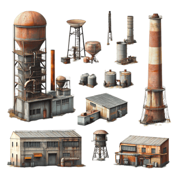 Local power plant elements including cooling towers, storage tanks, and processing units in an industrial, Several elements and units that make up a local power station isolated on transparent png