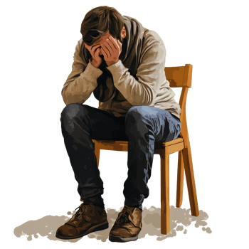 Patient sitting on a chair with a scarf, experiencing symptoms of cold and flu indoors, file no background Patient with cold and flu sitting on a chair png