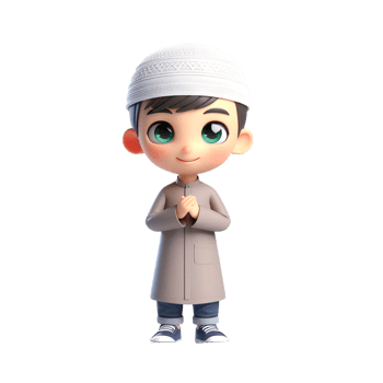 A 3D rendered illustration of a cute young boy, wearing a traditional Muslim cap and robe, with his hands clasped in prayer. png