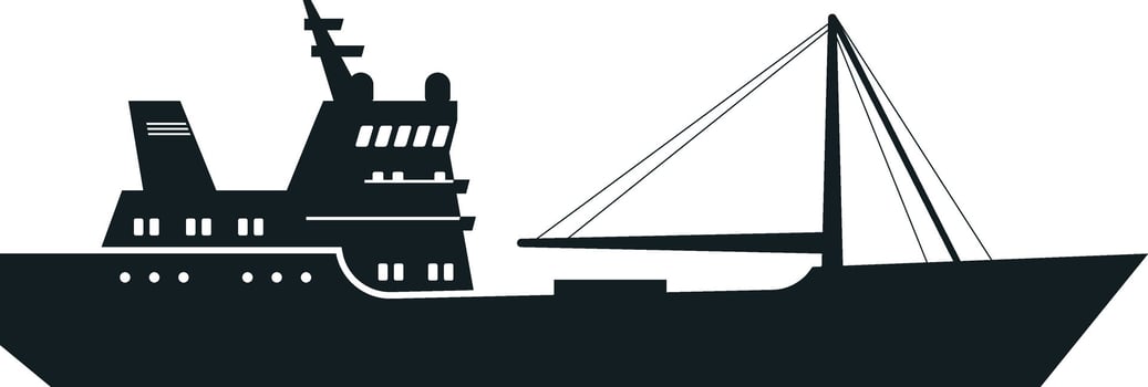 Black silhouette of a fishing boat gliding across the sea, equipped with fishing gear and ready for a productive day on the water, capturing the essence of maritime industry vector