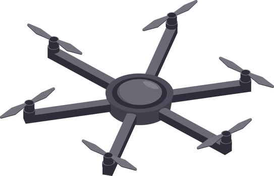Flying through the sky. A professional hexacopter drone with six propellers captures stunning aerial and photography from an isometric perspective. Showcasing advanced technology and innovation vector