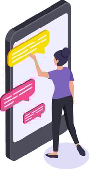 Woman interacting with oversized smartphone screen, engaging with colorful chat bubbles. Represents modern digital communication, technology use, and social media interaction vector