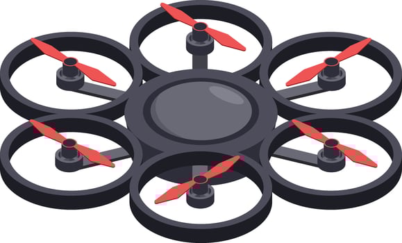 Professional hexacopter drone equipped with six vibrant red propellers flying through the air, conducting aerial surveillance, performing inspections, and capturing stunning photography vector