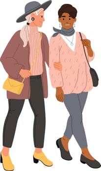 Two fashionable women, one older with gray hair and a hat, and one younger with darker skin, are walking together arm in arm, enjoying a conversation and showcasing their individual styles vector